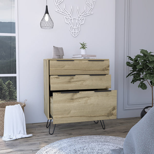 English Elm Kirsage 3-Drawer Dresser in Light Oak with Steel Legs — Compact, Durable Storage for Bedroom or Office (98) B06280380