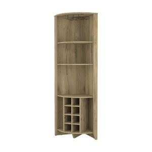 English Elm Morgana Corner Bar Cabinet with 8 Wine Cubbies, 5 Shelves & Cup Rack — Macadamia Finish Elegance Beige B062S00018