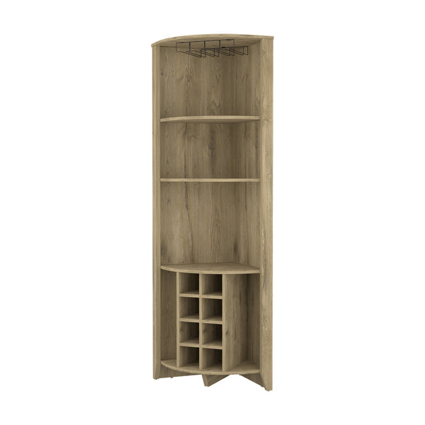English Elm Morgana Corner Bar Cabinet with 8 Wine Cubbies, 5 Shelves & Cup Rack — Macadamia Finish Elegance Beige B062S00018