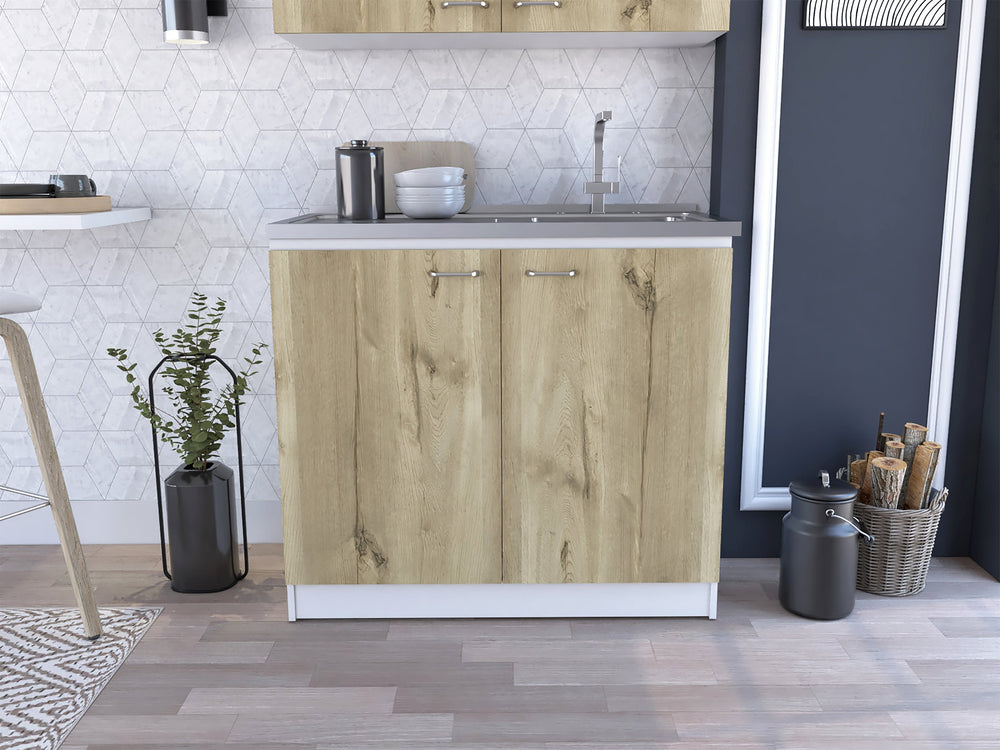 English Elm White White and Light Oak Rectangle 2-Door Utility Sink and Cabinet with Spacious Storage Workspace B062S00145