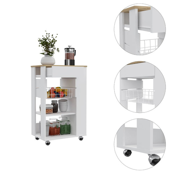 English Elm White 5-Shelf Kitchen Cart with Drawer and Caster Wheels, White & Light Oak Storage Organizer for Countertop Declutter and Mobile Kitchen Utility B062S00125