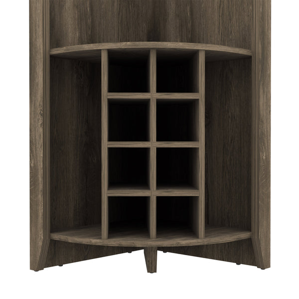 English Elm Morgana Corner Bar Cabinet with 8 Wine Cubbies, 5 Shelves & Cup Rack — Macadamia Finish Elegance Dark Brown B062S00019