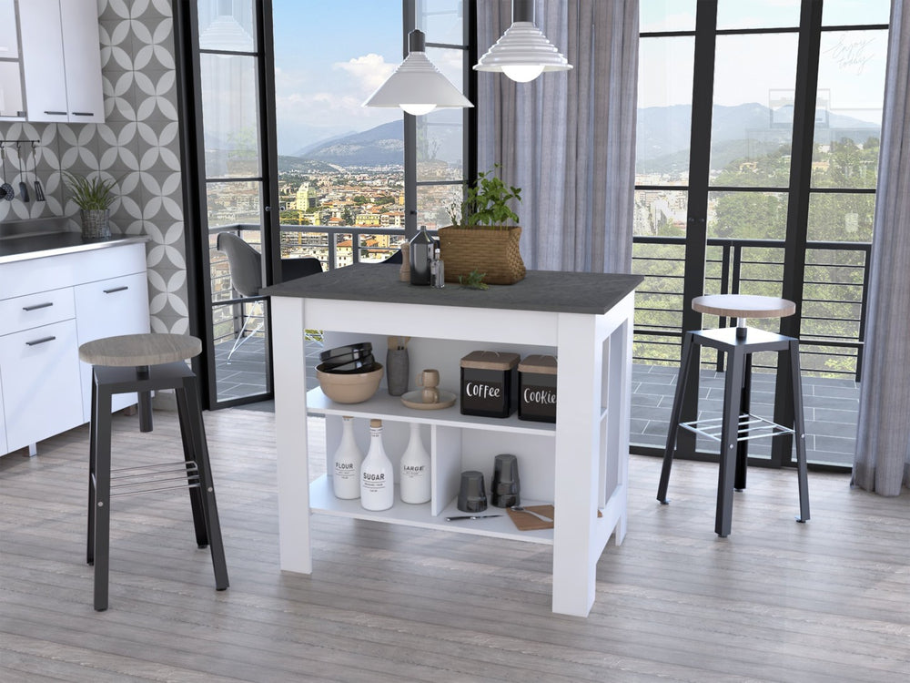 English Elm Rockaway 3-Shelf Kitchen Island In White And Onix - Stylish Storage & Prep Station For Any Space B06280050-GIGA