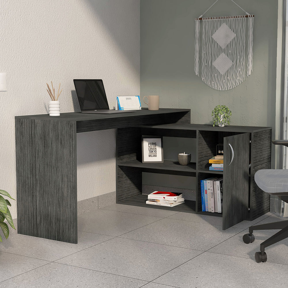 English Elm Smokey Oak L-Shaped Office Desk with Drawer & Shelves — Space-Saving Corner Cabinet, Elegant Finish B062S00037