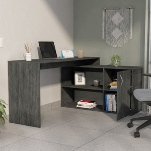 English Elm Smokey Oak L-Shaped Office Desk with Drawer & Shelves — Space-Saving Corner Cabinet, Elegant Finish B062S00037