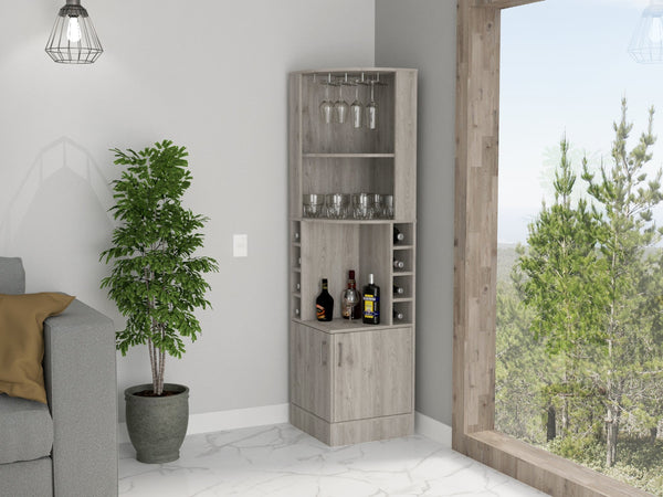 English Elm Light Gray Bar Cabinet for 8 Bottles with Central Display Shelf and Concealed Storage, 71.1"H B062P202122