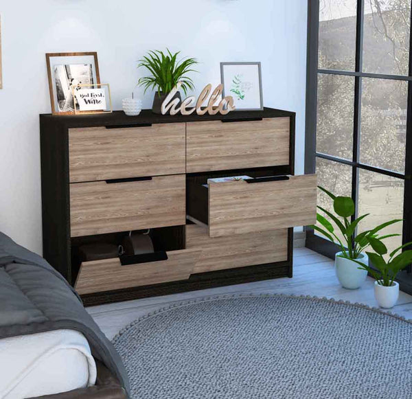 English Elm 4-Drawer Contemporary Two-Tone Dresser In Wenge And Pine - Stylish Storage Solution For Any Room B062S00144