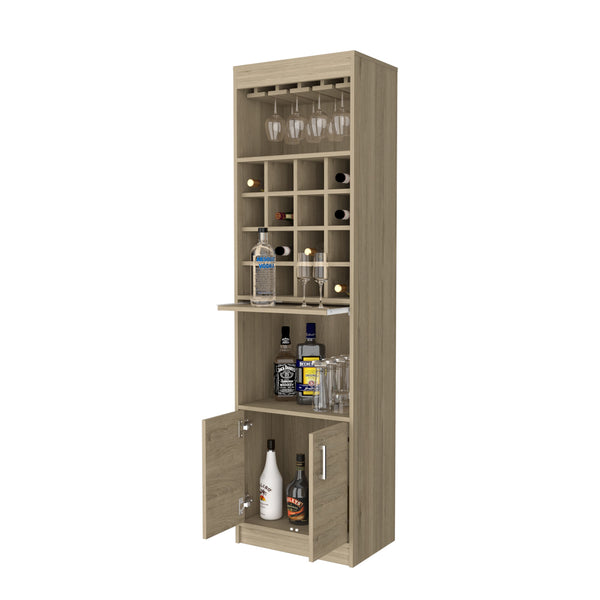 English Elm Light Pine Adjustable 16-Bottle Bar Cabinet with Glass Rack, Open Shelves & Spacious Entertaining Storage B062S00068