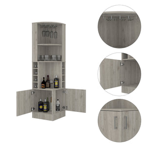 English Elm Light Gray Bar Cabinet for 8 Bottles with Central Display Shelf and Concealed Storage, 71.1"H B062P202122