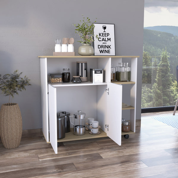 English Elm Benton 4-Shelf Kitchen Island with Casters in Light Oak & White — Mobile Storage, Display, Compact Elegance B06280428