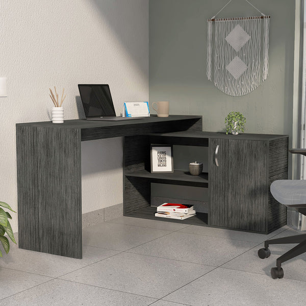 English Elm Smokey Oak L-Shaped Office Desk with Drawer & Shelves — Space-Saving Corner Cabinet, Elegant Finish B062S00037