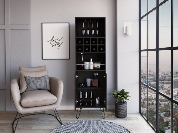 English Elm 8-Bottle Tall Bar Cabinet Wengue Finish with Stemware Racks, Metal Legs & Guardrail, 8-Bottle Capacity elegante B062S00123