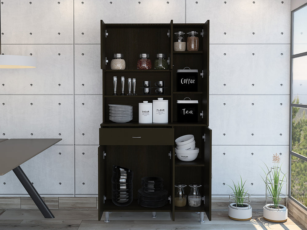 English Elm 1-Shelf Wenge Pantry Cabinet with 1 Drawer, 9 Shelves & 6 Doors — Tall 66.5" Storage Hutch for Kitchen and Dining (35.4" W x 13.7" D) B062S00129