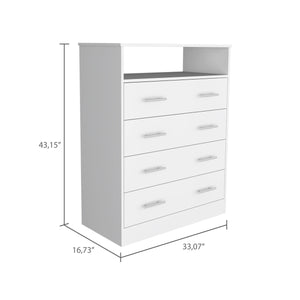 English Elm Dover Four-Drawer Rectangle Dresser with Open Shelf and Metal Hardware — Modern Storage for Bedroom Elegance White B062S00072