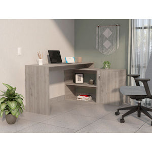 English Elm Ridley L-Shaped Writing Desk with Dual Shelves and Cabinet Spacious Corner Workspace for Home Office Light Gray B062S00011