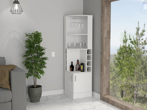 English Elm White Elegant 8-Bottle 2-Shelf Bar Cabinet with Concealed Storage, Display Niche & Upper Shelf for Decor and Bottles B062P202121