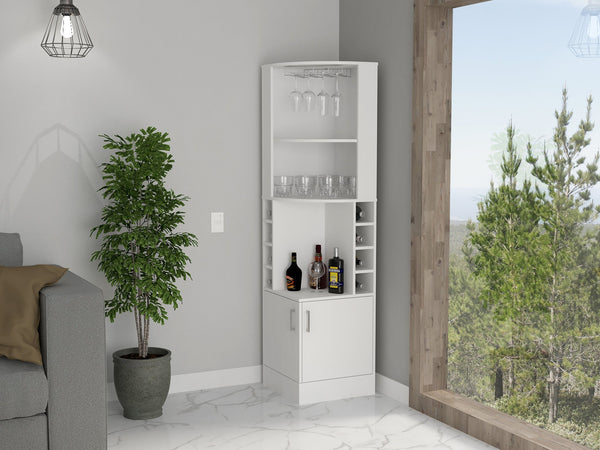 English Elm White Elegant 8-Bottle 2-Shelf Bar Cabinet with Concealed Storage, Display Niche & Upper Shelf for Decor and Bottles B062P202121