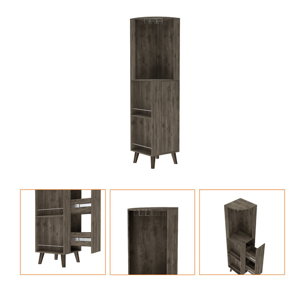 English Elm Dark Brown Corner Bar Cabinet with Cup Rack, Drawer and 5 Shelves for Elegant Space-Saving Storage B062S00107