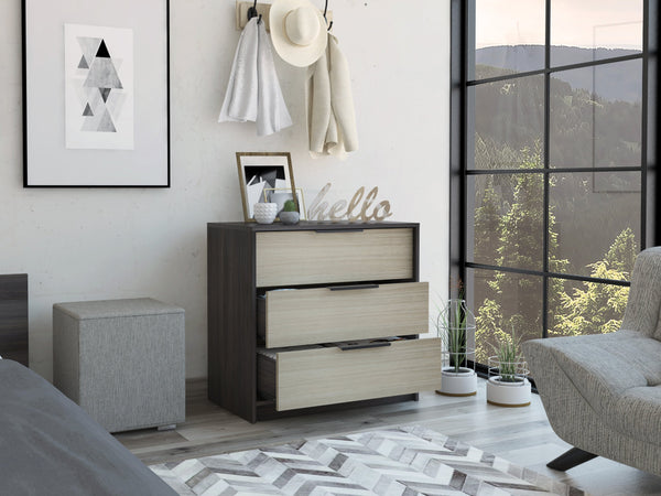 English Elm Cannon 3-Drawer Rectangle Dresser in Wengue & Light Oak — Compact Storage, Stylish Contrast, Versatile Top Display B06280504