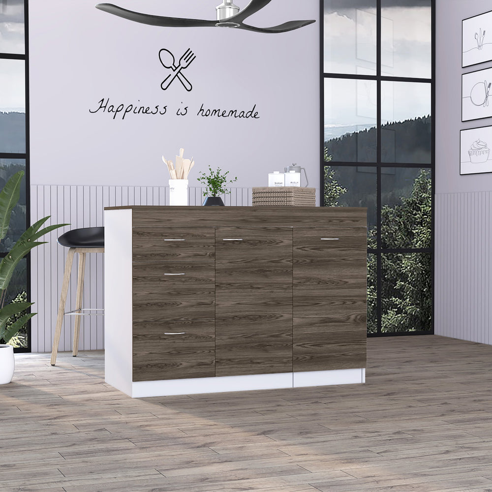 English Elm Laurel 3-Drawer Convertible L-Shaped Kitchen Island in White & Dark Walnut — Durable Hardware, Ample Storage and Spacious Countertop Design B062S00066