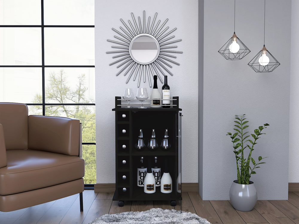 English Elm 6-Bottle Wenge Bar Cart with 3 Shelves, Glass Door & Lockable Wheels — Stylish Wine Storage and Display B06280468