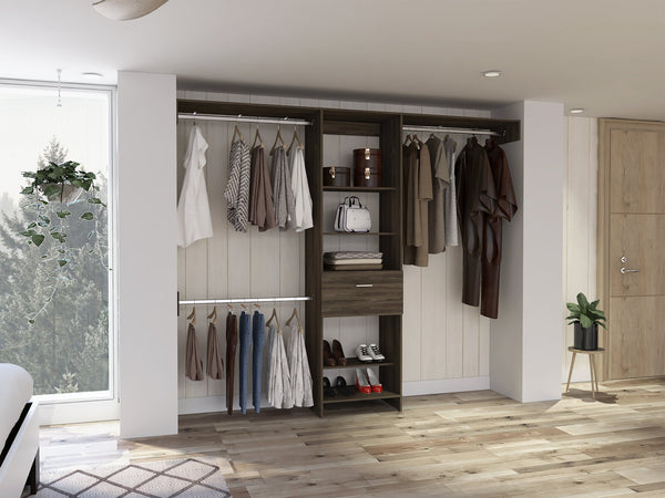 English Elm Calveston Dark Walnut Closet System with 1 Drawer, 4 Shelves & 3 Metal Support Rods — Luxe Storage Solution B062S00033