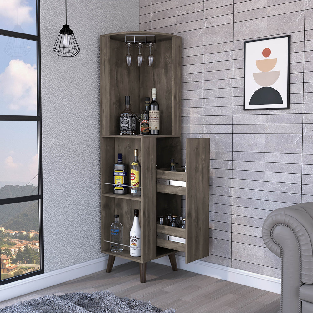 English Elm Dark Brown Corner Bar Cabinet with Cup Rack, Drawer and 5 Shelves for Elegant Space-Saving Storage B062S00107