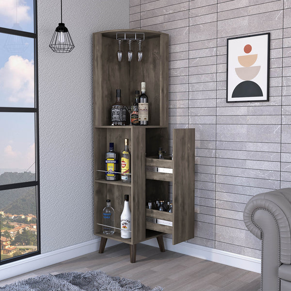 English Elm Dark Brown Corner Bar Cabinet with Cup Rack, Drawer and 5 Shelves for Elegant Space-Saving Storage B062S00107