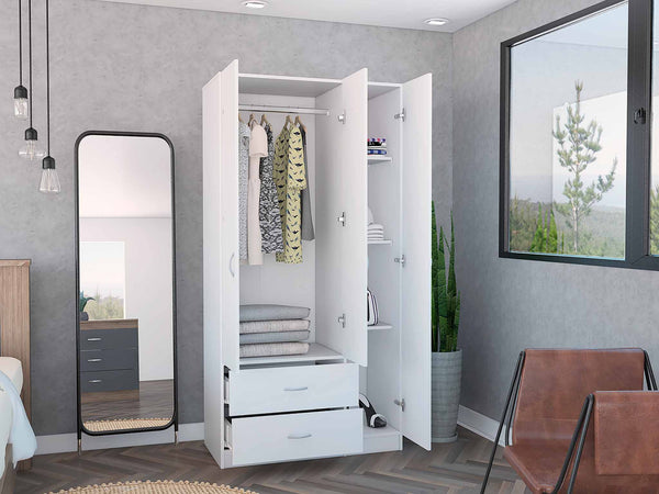 English Elm Rowaton White 3-Door 2-Drawer Armoire – 70.8" Tall Spacious Closet Organizer with 4 Shelves, Classic Finish B062S00043