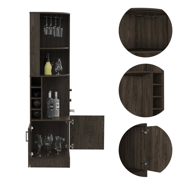 English Elm Dark Walnut Elegant 8-Bottle Bar Cabinet with 2 Shelves, Concealed Storage & Display Nook, 71" B062P202120