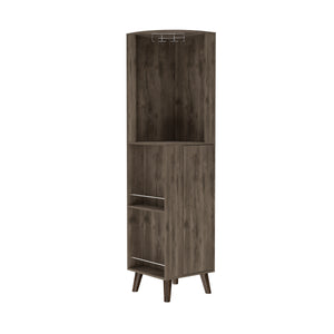English Elm Dark Brown Corner Bar Cabinet with Cup Rack, Drawer and 5 Shelves for Elegant Space-Saving Storage B062S00107