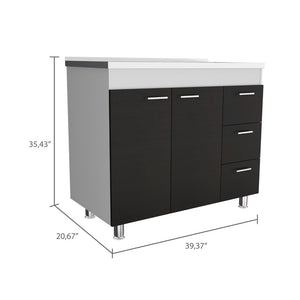 English Elm 3-Drawer White and Wengue Base Cabinet with Pre-Drilled Faucet Hole, 3 Drawers & 2 Doors, 39.37" wide B062S00040