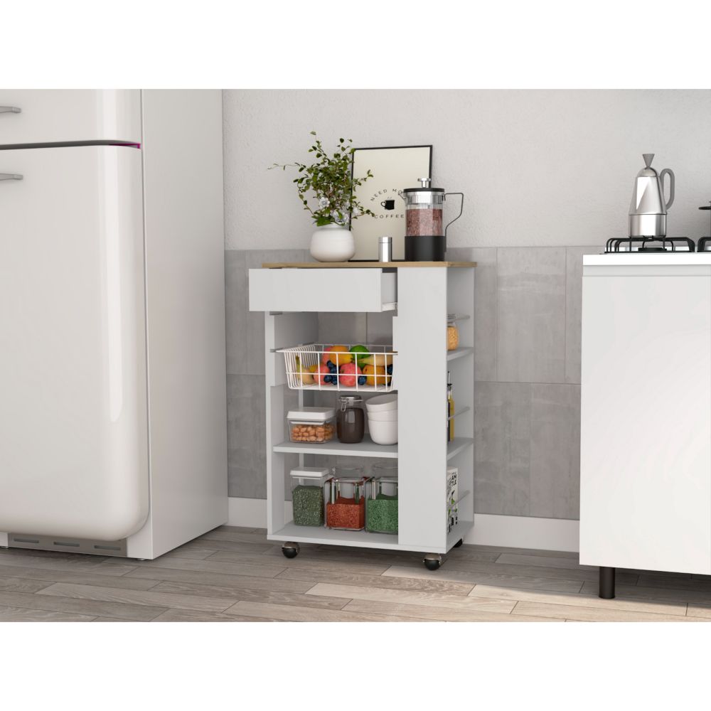 English Elm White 5-Shelf Kitchen Cart with Drawer and Caster Wheels, White & Light Oak Storage Organizer for Countertop Declutter and Mobile Kitchen Utility B062S00125
