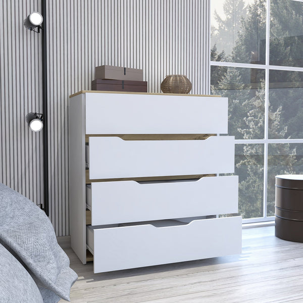 English Elm Lynbrook 4-Drawer Dresser in White & Light Oak — Durable Top, Contemporary Rectangular Design, Ample Storage B06280070
