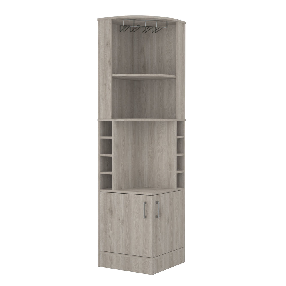 English Elm Light Gray Bar Cabinet for 8 Bottles with Central Display Shelf and Concealed Storage, 71.1"H B062P202122
