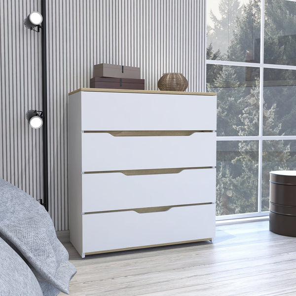 English Elm Lynbrook 4-Drawer Dresser in White & Light Oak — Durable Top, Contemporary Rectangular Design, Ample Storage B06280070