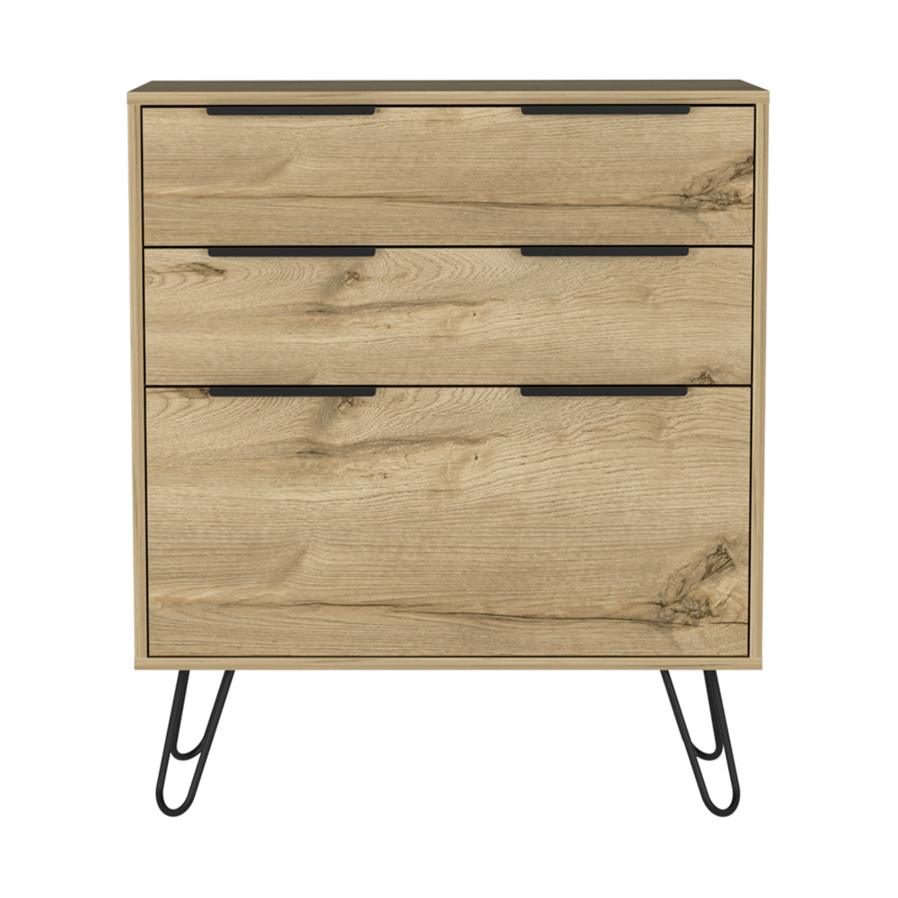 English Elm Kirsage 3-Drawer Dresser in Light Oak with Steel Legs — Compact, Durable Storage for Bedroom or Office (98) B06280380