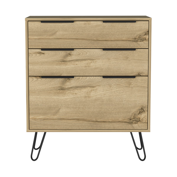 English Elm Kirsage 3-Drawer Dresser in Light Oak with Steel Legs — Compact, Durable Storage for Bedroom or Office (98) B06280380