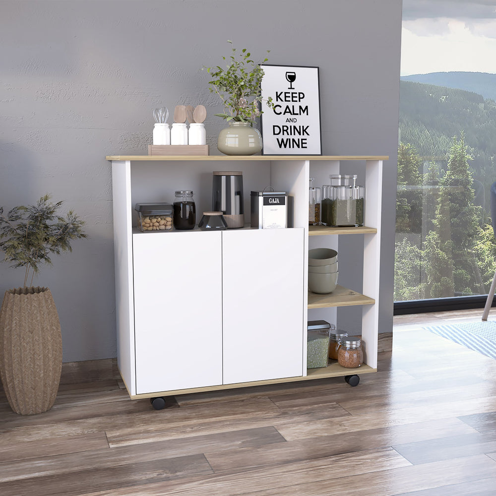 English Elm Benton 4-Shelf Kitchen Island with Casters in Light Oak & White — Mobile Storage, Display, Compact Elegance B06280428