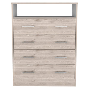 English Elm Dover Four-Drawer Rectangle Dresser with Open Shelf and Metal Hardware — Modern Storage for Bedroom Elegance Light Gray B062S00071