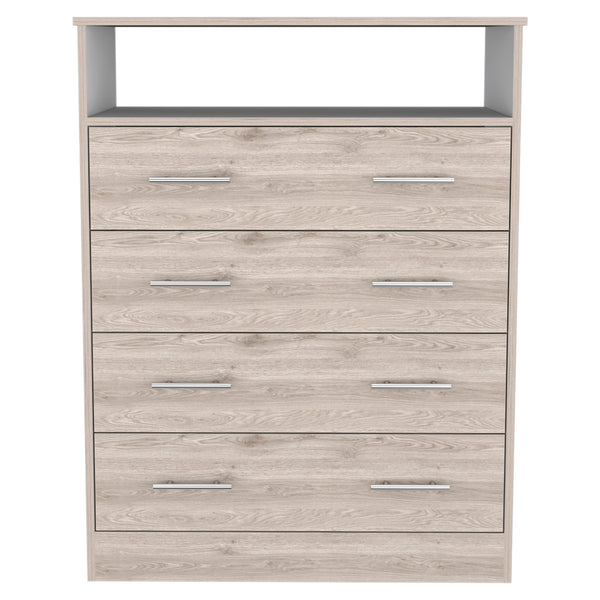 English Elm Dover Four-Drawer Rectangle Dresser with Open Shelf and Metal Hardware — Modern Storage for Bedroom Elegance Light Gray B062S00071