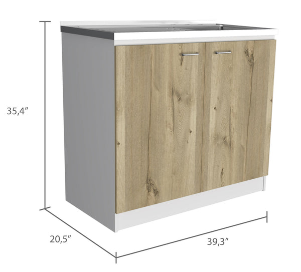 English Elm White White and Light Oak Rectangle 2-Door Utility Sink and Cabinet with Spacious Storage Workspace B062S00145