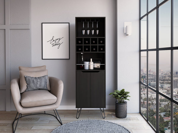 English Elm 8-Bottle Tall Bar Cabinet Wengue Finish with Stemware Racks, Metal Legs & Guardrail, 8-Bottle Capacity elegante B062S00123