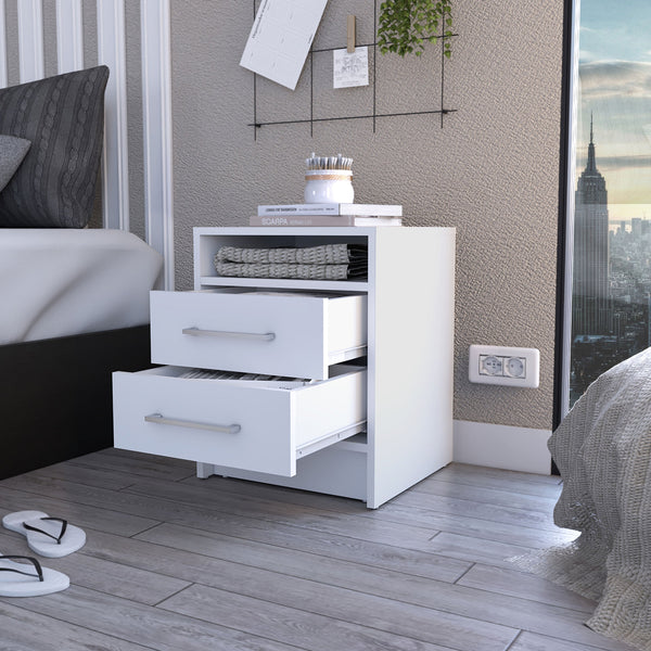 English Elm Rowley modern two-drawer nightstand with shelf, durable metal pulls and rails for stylish bedside storage White B06280359
