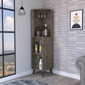 English Elm Dark Brown Corner Bar Cabinet with Cup Rack, Drawer and 5 Shelves for Elegant Space-Saving Storage B062S00107