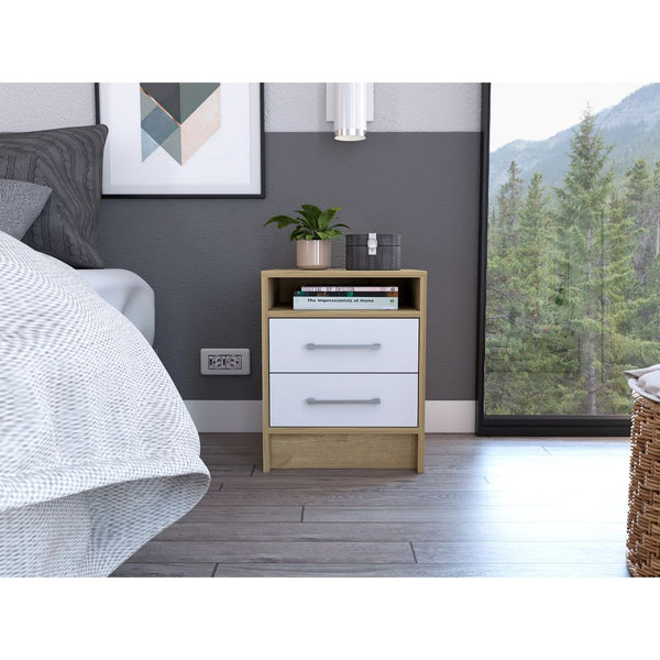 English Elm White 2-Drawer 1-Shelf Nightstand in Light Oak and White — Contemporary Rectangular Accent Table for Bedrooms, Small Spaces, Storage and Display (19.9"H) B06280358