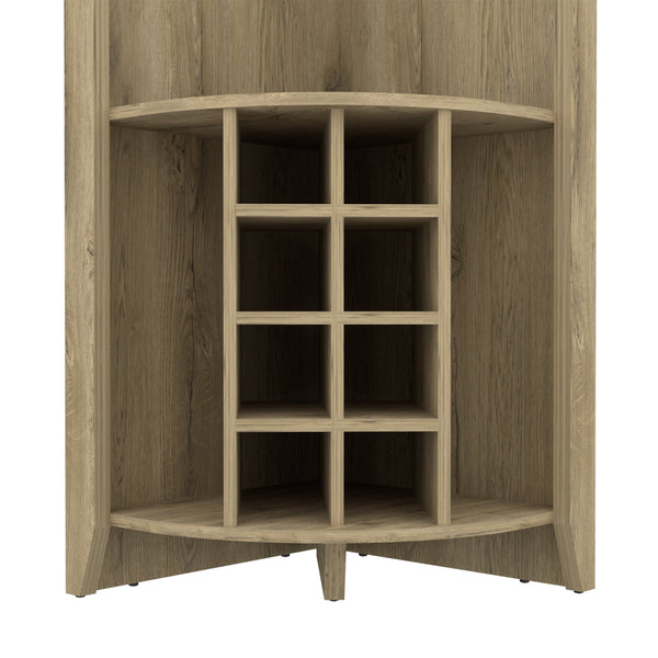 English Elm Morgana Corner Bar Cabinet with 8 Wine Cubbies, 5 Shelves & Cup Rack — Macadamia Finish Elegance Beige B062S00018