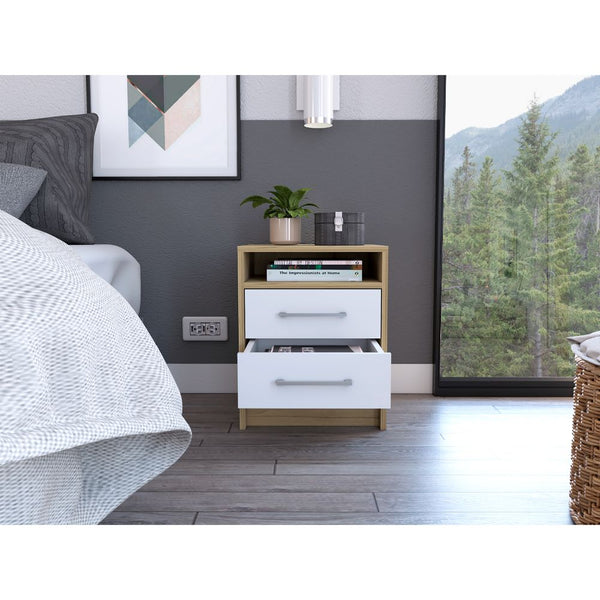 English Elm White 2-Drawer 1-Shelf Nightstand in Light Oak and White — Contemporary Rectangular Accent Table for Bedrooms, Small Spaces, Storage and Display (19.9"H) B06280358