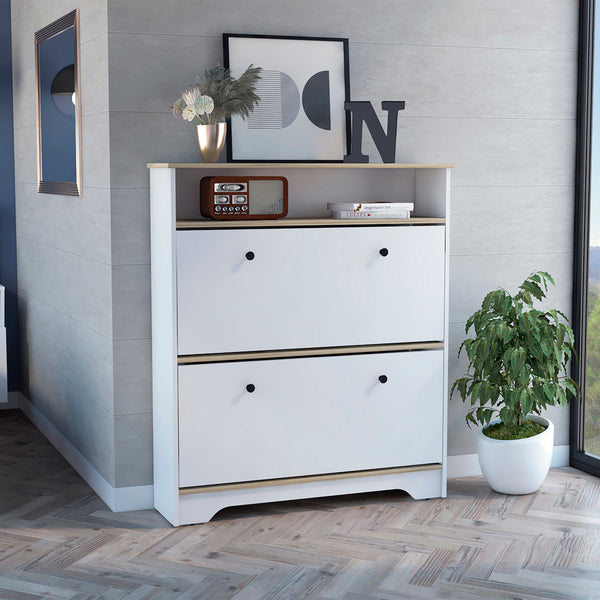 English Elm Cranbery Two-Shelf Shoe Rack with Rectangular Profile and Warm Finish for Elegant Organized Living Space White B06280039