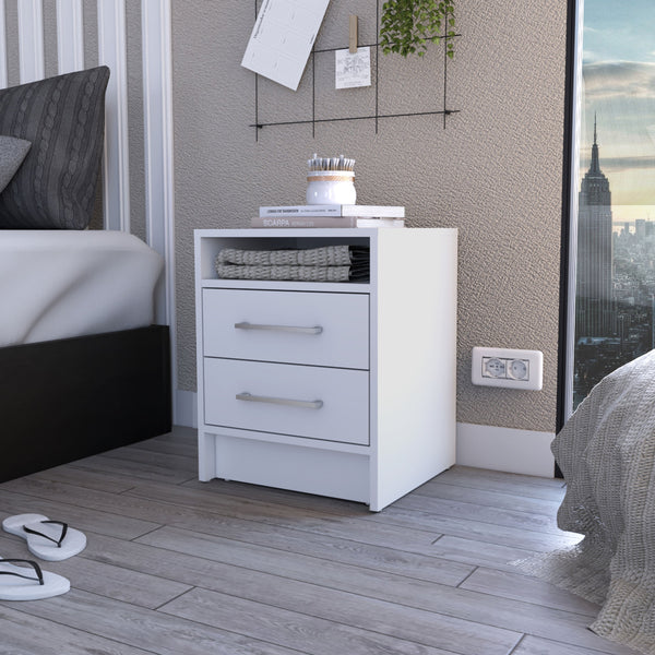 English Elm Rowley modern two-drawer nightstand with shelf, durable metal pulls and rails for stylish bedside storage White B06280359